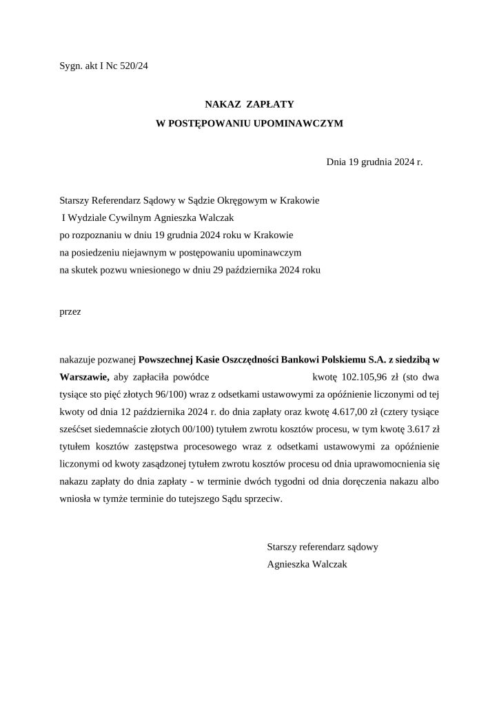 Nakaz zapłaty wobec PKO BP, sygn. I Nc 520/24 - skan (zanonimizowany)