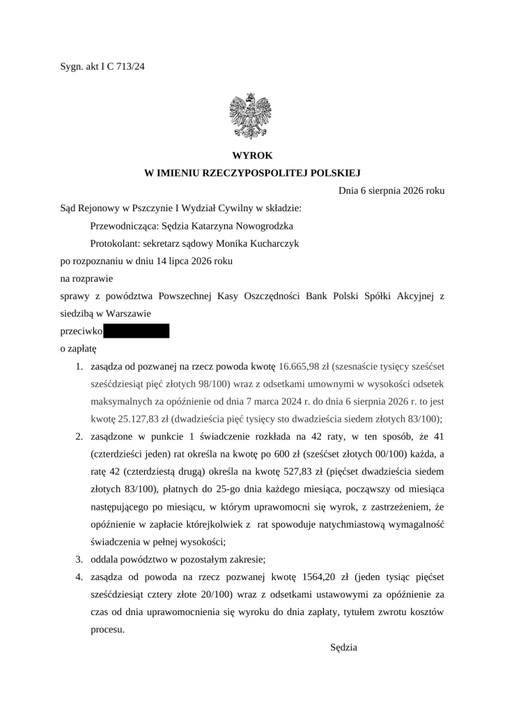 Wyrok Sądu Rejonowego w Pszczynie z 6 sierpnia 2026 r., sygn. akt I C 713/24, w sprawie z powództwa PKO BP - sankcja kredytu darmowego